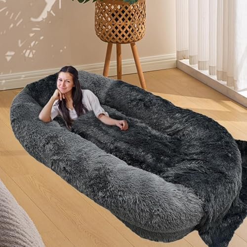 HUGDSB Weiches Hundebett for Menschen, riesiges Hundebett aus Memory-Schaum for Erwachsene mit Aufbewahrungstasche, Flauschiges orthopädisches Hundekissen aus Kunstfell(Dark Gray)