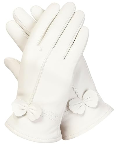 Gcroet Women's Leather Gloves for Winter, Genuine Sheepskin with Warm Lining, Average Size Driving & Dress Gloves White