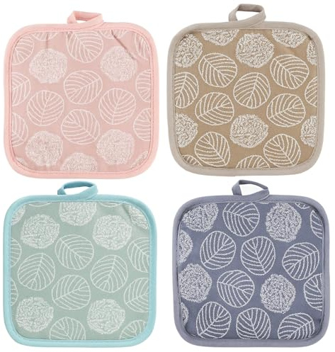 4 Pack Heat Resistant Mat, Oven Cloth and Pot Holder Set, Cotton Linen Blend for Kitchen Countertop Protection, Hot Cookware Handling, Modern Home Decor in Pink, Brown, Blue, Green