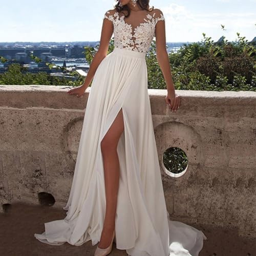Elegante vestido de novia con encaje floral, tela de gasa sin mangas, cuello redondo para fiesta de noche, vestido de baile, ligeramente elástico (M blanco)