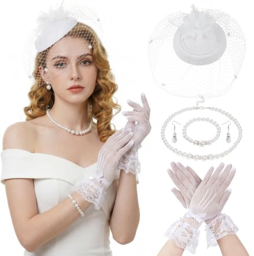 Cuxawamiyo Hut Damen 5-teiliges Set, Fascinator mit Spitzenhandschuhen, Perlenkette, Ohrringen und Armband, 20er Jahre Accessoires für Gatsby, Tea Party und 1920er Kleider