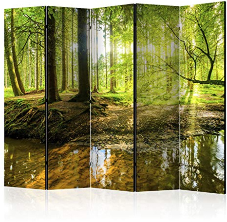 decomonkey Paravent Raumteiler Innen Wald, 225x172 cm, 5-teilig, Beidseitig | Baum, Sonne, Wohnzimmer, Room Divider, Wall, Raumteiler Stehend, Trennwand, Sichtschutz, Spanische Wand, Sichtschutzwand