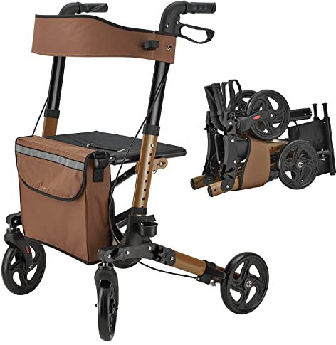 Juskys Rollator Vital braun - Gehhilfe faltbar & leicht aus Aluminium bis 130 kg - Laufhilfe höhenverstellbar mit Sitz, Tasche & Regenschirmhalterung