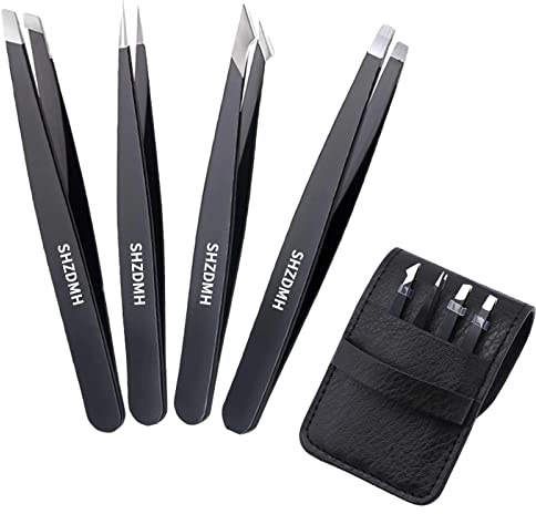 Eyebrow Tweezers Sets, 4 Pcs Professional Stainless Steel Precision Tweezer Set Plucking Tools for Ingrown Hair Removing and Facial Hair