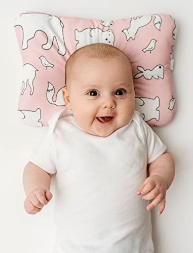 Stork Drop - Flat Head Baby Pillow | Prevents & Corrects Plagiocephaly | Breathable 3D Air Mesh | Soft Organic Cotton | Newborn Head Support | Pink Animals