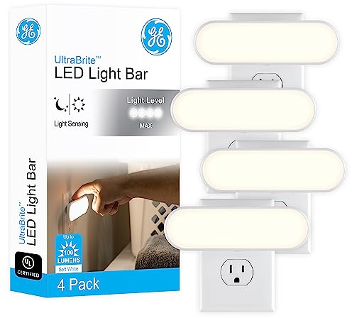 GE Ultrabrite LED Light Bar Night Lights Plug Into Wall Room Decor Ambient Lighting Dusk to Dawn Sensor Bright Nightlight, White, 100 Lumens, 4 Pack