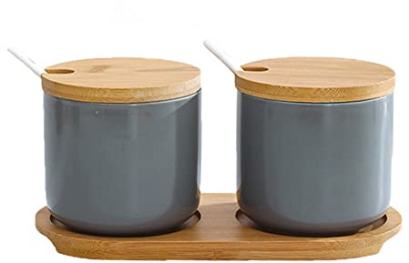 OnePine 2er Set Keramik Gewürzdosen Salztopf Keramik Zuckerdose Gewürzgläser mit Löffel und Bambus Deckel für Tee Zucker Salz Gewürze