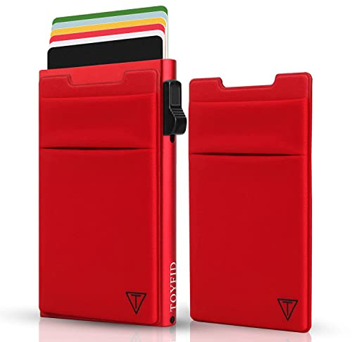 TOYFID Rotes Aluminium Pop-up Slim Card Wallet, RFID | Pop-up-Kartenhalter mit Geldscheinfach. Lycra-Bezug. Bonus-Tuch. Automatischer Auswurf. RFID-Schutz.