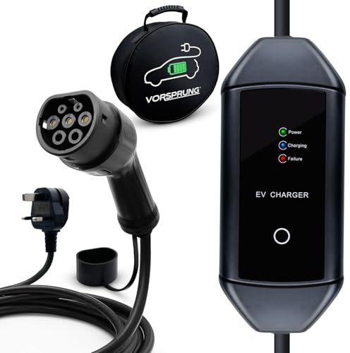 VORSPRUNG® Portable EV Charger Type 2, 10A, 250 Watt 8 meters with Carry Case | Rapid Electric Vehicle Portable Charging Cable T2, EV Charger 3 Pin UK Plug to Type 2 for All Type 2 EVs/Phevs