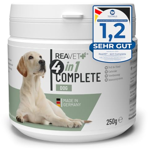 ReaVET 4in1 Complete Dog 250g I Vitamine Hund, Natürliche Rundumversorgung für Hunde mit Bierhefe, Hagebutte, Grünlippmuschel Pulver I Unterstützung für Gelenke, Immunsystem, Haut, Fell & Magen-Darm