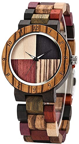 Tiong Vintage Damen Holzuhr Analog Quarz mit Braunem Karo Holz & Arabischen Ziffern, Klassische Holz Armbanduhr Damen Retro Quarzuhr als Geschenk