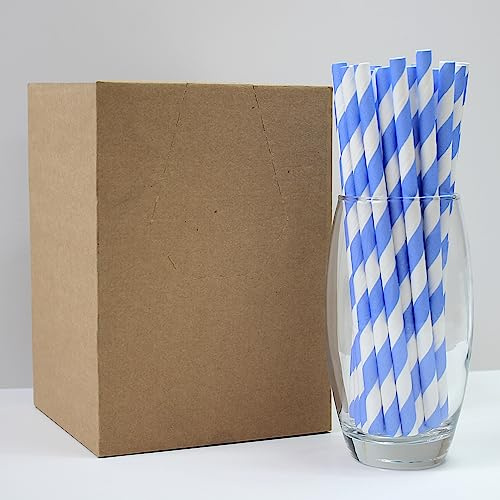 Blue & White Striped Paper Straws (8mm x 200mm) - Pack Size 250 - FSC Certified/Food Safe/PFAS Free/Biodegradable/Eco-Friendly/Durable/Ideal for Milkshakes & Smoothies