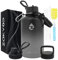 ZAKVOP Thermosflasche, 2L Trinkflasche Edelstahl mit Strohhalmen und 3 Deckeln, Trinkflasche Thermo mit Paracord Griff, Thermoskanne 2 Liter mit Flaschenbürsten für Fitnessstudio (Schwarz+Grau)