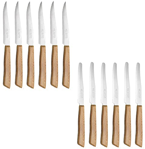 cosedacasa Coltello da tavola Bistecca Pizza set12 Manico Beige Effetto Legno Lama Acciaio Inox seghettata per Bar ristoranti tavola casa-Coltello tavola