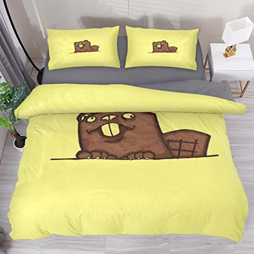 NDXRWDZR Housse de Couette 200x200 cm Adolescent Castor Jaune Parure de Lit 2 Personnes avec Fermeture Éclair Doux Respirant Microfibre Housse de Couette et 2 Taie d'oreiller 65x65 cm