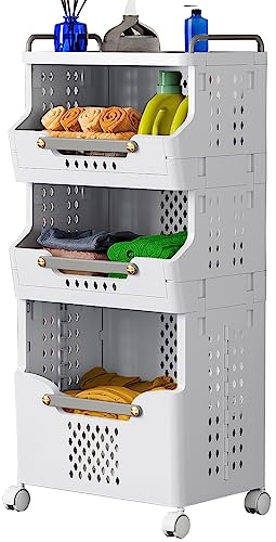 pupustar Laundry Basket with Wheels,Rolling Folding Laundry Hamper,utility cart,Kitchen storage Cart,Stackable Storage Bins Open Front,Dirty Clothes Hamper,Plastic laundry room organization