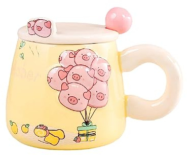 450ml/15.21oz Ins style embossed ceramic cup creative companion gift cute breakfast cute milk coffee cup with lid Suitable for office home restaurant-milky,450ml