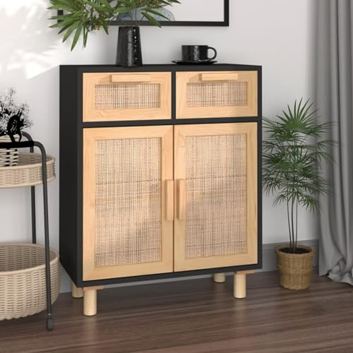 LAPOOH Sideboard Schwarz 60x30x75cm Massivholz Kiefer und Natur-Rattan, Schlafzimmer Kommode, Komodenschrank, Küchenschrank, Commode, Flurkommode, Schlafzimmerkommode, Schrank
