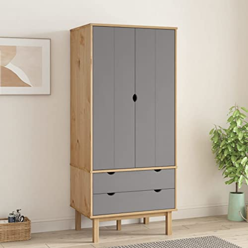 Hommdiy Kleiderschrank OTTA Garderobenschrank Garderobe Schlafzimmerschrank Hochschrank Holzschrank Schrank mit Schublade Braun&Grau 76,5x53x172 cm Massivholz Kiefer