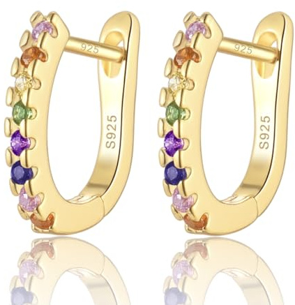 wynn's Creolen Silber 925, Ohrringe Silber/Gold 925 mit Weißer/Bunten Regenbogen Zinkonia, Creolen Silber 925 Mini Klein Hypoallergen Huggies für Damen Herren Mädchen Kinder