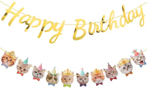 Andibro Cat Theme Happy Birthday Banner Set - 10 Kitten Faces Decoration With Garland, Colorful Party Bunting Crown Decor for Feline-Themed Celebration Supplies