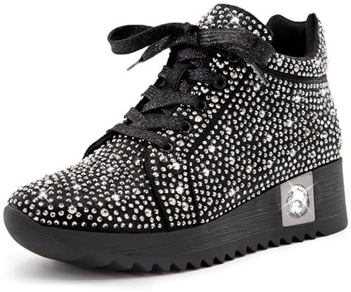 FINDVELL Women's Fashion Glitter Sneakers Platform Wedge Shoes Sparkly Rhinestone High Top Sneakers Trendy Sequin Shoes Wedding Bride Dress Size 9 Black