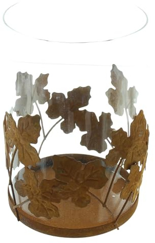 FRANK FLECHTWAREN Windlicht Herbstblatt, Glas, Metall, Echtrostfinish Maße: Ø 12 x 18 cm, ohne Kerze, schönes Windlicht, vielseitig einsetzbar