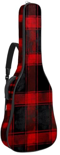 Gitarrentasche für Akustikgitarre mit zwei Taschen, Schwarz und Rot, Schottenkaro, wasserabweisend, doppelt verstellbarer Schultergurt, Gitarrentasche, Schwarzes und rotes Schottenkaro, 42.9x16.9x4.7