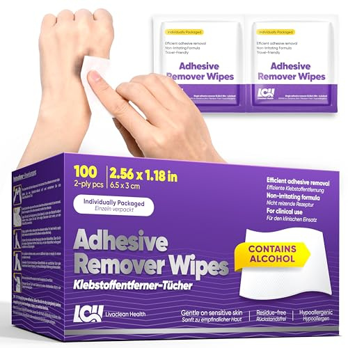 Livaclean Health Adhesive Remover Wipes for Skin 100 CT – Medical Adhesive Remover for Tape, Plaster & Sticky Residue – Individually Wrapped, Non-Greasy 2-Ply 2.56x1.18in (6.5x3cm) Skin Wipes