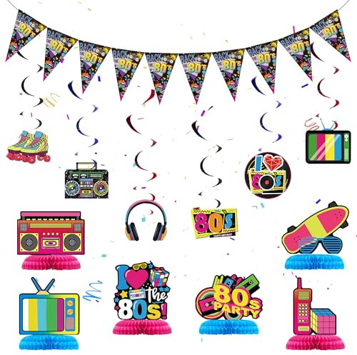 80er Party Deko Hängende Spiral - 22 Stück 80er Jahre Dekorationen, Wimpelkette Bunte Spiralen Girlande Hängedeko, Decken Luftschlangen, Papier Waben für Musik Rock Disco Hippie Thema Party Geburtstag