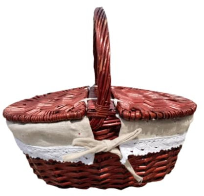 Dualoai Picknickkorb, Aufbewahrung, Servierkorb, Strandkorb, ländlicher Korb mit waschbarem Innenfutter, tragbar, für Camping, Partys im Freien, Korbgeflecht, Braunes Tuch, 40x30x20cm
