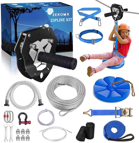 ZEROMX Zip Line Kit 120ft 150ft for Kids Adults Up to 380lb – Removable Lion Trolley, 6.5ft Spring Brake, Upgraded Ratchet System, Safety Harness, Tree Protectors, Seat – Outdoor Backyard Zipline Set