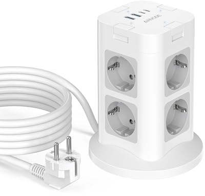 Steckdosenturm mit USB-C, 8-Fach, Mehrfachsteckdose mit einzeln Schaltbars | Steckdosenleiste mit 4x USB, 1050J Überspannungsschutz Steckdose, Leistung: 3680 W / 16 A, 2 m Kabel für Zuhause und Büro