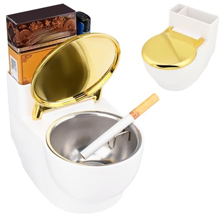 DODAMOUR Windproof Ashtray with Lid, Toilet Shaped Wall Mounted Ashtrays for Smokers, Self Adhesive Cigarettes Ash Tray for Home Bathroom Toilet (Gold)
