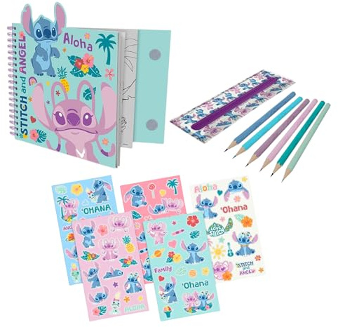 Disney Stitch Schreibwarenset, Enthält 6 Buntstifte, Aufkleber, Federmäppchen und Notizbuch mit Malblättern, Geschenk Schreibwarenset für Mädchen