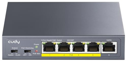Cudy 5-Port-Gigabit-Switch mit 4 PoE+-Ports, Professional, GS105P | 4x GbE 802.3af/at, 1x Glasfaser-Upstream, 36 W Leistungsaufnahme, 10 Gbit/s Kapazität, professional grade, profe