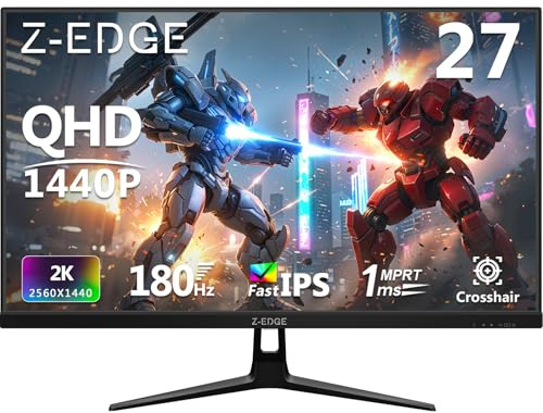 Z-Edge 27 Inch QHD Gaming Monitor 180Hz 2K Fast IPS 1ms 2560x1440, 350cd/m² Brightness, 1.07B Colors, 94% DCI-P3, HDR10, FreeSync, FlickerFree, DisplayPort (180Hz) x2, HDMI (144Hz) x2, VESA Mountable