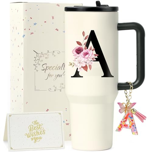 ZIOSINM Personalisierte Geschenke für Frauen, Thermobecher mit Strohhalm | A-Z Doppelwandiger Edelstahl Trinkbecher mit Deckel und Strohhalm, Geschenke für Frauen zu Geburtstag Weihnachten Valentinsta
