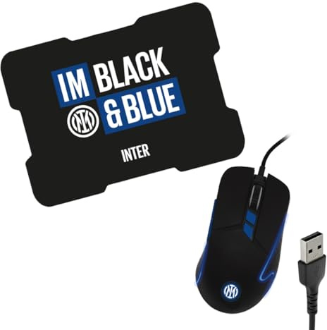 TECHMADE Inter Mouse USB con Filo + Mousepad Gaming Nero Azzurro – Combo Ufficiale PC e Laptop, Sensore Ottico ad Alta Precisione, Tappetino Antiscivolo
