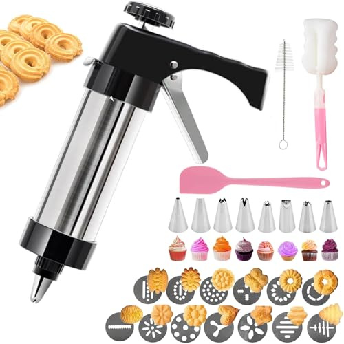 Cookie Press Gun Kit – Stainless Steel Spritz Cookie Maker with 13 Discs, 8 Piping Tips, 2 Brush and Cream Spatula, Easy-to-Use for Baking & DIY Pastries Cake Dessert Making and Decorating