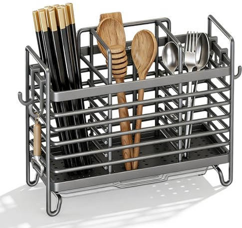 SXTDKMJ Cutlery Drainer, 3 Compartments Grey Kitchen Caddy Cutlery Holder Drainer with Drainage Holes Space Saving for Knife Fork Chopsticks