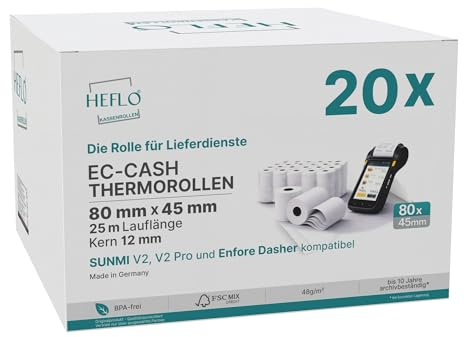 20 Thermorollen 80 mm x 25 m lang – Ø 45 mm – BPA-frei – Kassenrollen für Lieferdienste und POS-Drucker, kompatibel mit Sunmi V2s und Enfore Dasher (20)