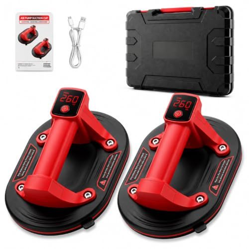 2 Pack Electric Glass Suction Cups, Rechargeable Heavy Duty Vacuum Lifter | Max Load 260kg/573 lbs, 10 Inch Suction Cup Lifter with 3000mAh Battery & LCD Display for Lifting Tiles/Windows/Marble/Metal