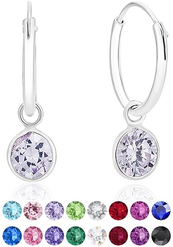 Pendientes de Aro con Colgantes de Cristaes Redondos Plata de Ley 925 - Pendientes Colgantes para Mujer con Brillantes Lila/Lavanda - Espesor 1.5 mm - Diámetro 14 mm