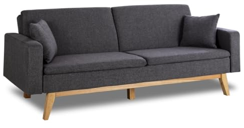 Don Descanso - Divano Letto 3 Posti Reine, Rivestito in Tessuto, Sistema di Apertura a Libro o Clic-Clac, Misura Divano: 206x73x80 cm, Misura Letto: 180x100 cm, Include 2 Cuscini, Grigio Antracite