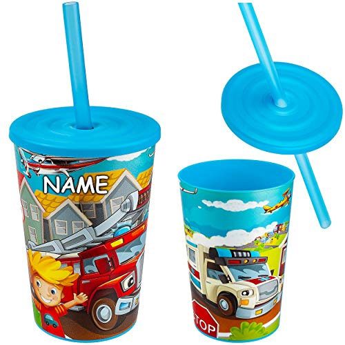 alles-meine.de GmbH Trinkbecher/Trinkhalmbecher - Auto - Fahrzeuge & Feuerwehr - inkl. Name - mit Strohhalm & Deckel - BPA frei - 310 ml - Kunststoff Plastik - Trinklernbecher ..