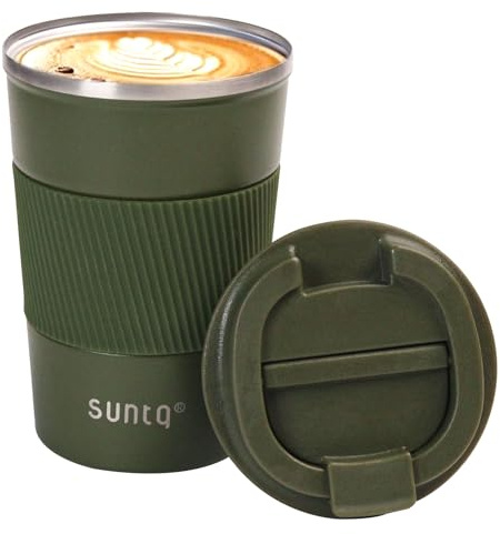 SUNTQ Reusable Coffee Cups Travel - Coffee Travel Mug with Leakproof Lid - Thermal Mug Insulated Cup - Stainless Steel Travel Cup with Rubber Grip - for Hot and Cold Drinks, 13oz/380ml Green