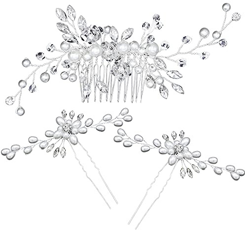 Tucireat Tocados de Pelo 3 Piezas Adornos para el Pelo Tocado Novia Adornos para Pelo Peineta Novia Adorno Pelo Boda Tocados de Comunion Novias Accesorios para Boda Comunion Plata