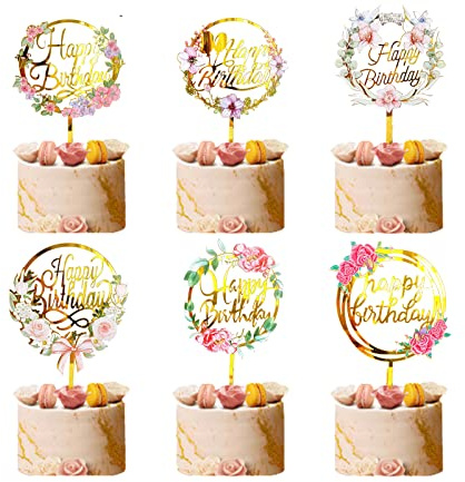 JCKD 6 Pack Gold Flower Acrylic Cake Toppers for Birthday, Wedding, Anniversary