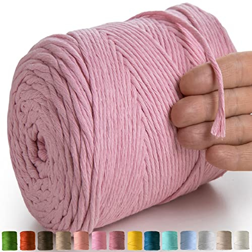 MeriWoolArt® Makramee Garn Rosa - Makramee Garn 4mm farbig 225m - Super weiches Baumwollgarn, einfach gedrehte Makramee Schnur für Makramee Wandbehang, Blumenampel, Vorhang und Mehr DIY Deco
